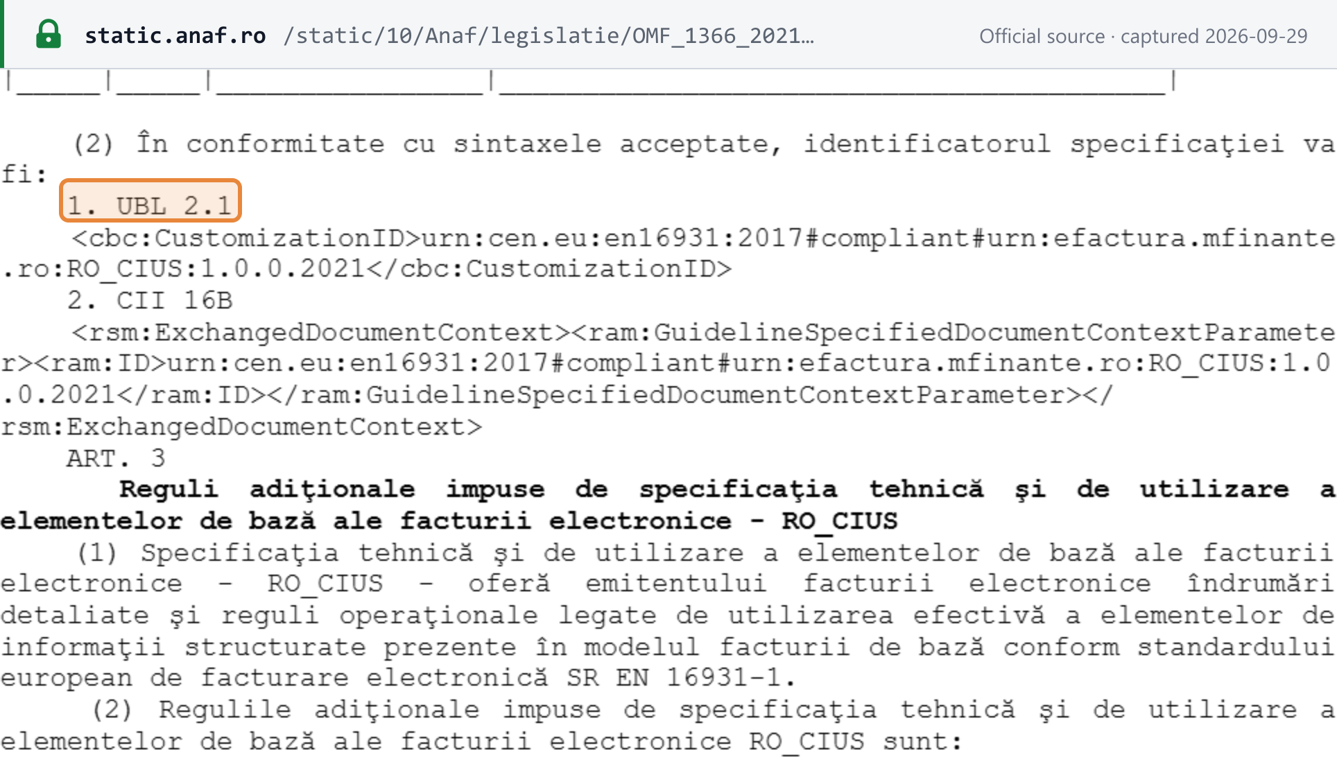 Source snapshot — OMF 1366/2021 art. 2(2): the accepted syntaxes, UBL 2.1 and CII 16B