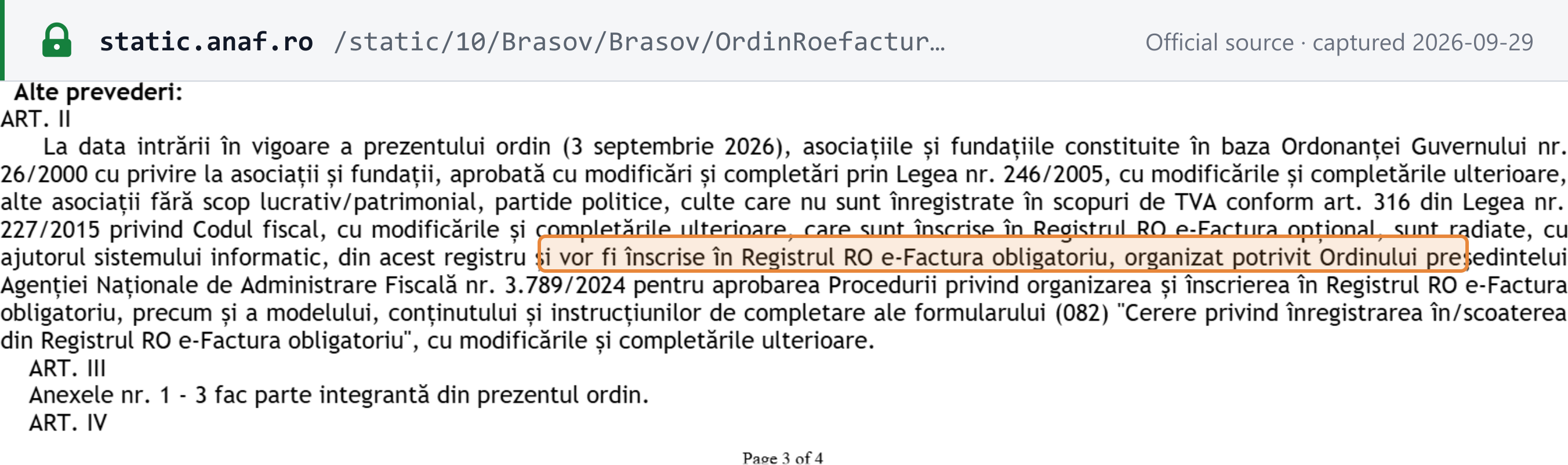Source snapshot — ANAF DGRFP Brașov note on OPANAF 1021/2026, art. II: on the order's entry into force (3 September 2026), associations, foundations and other non-profits not registered for VAT are struck off the optional register and entered in the mandatory RO e-Factura Register