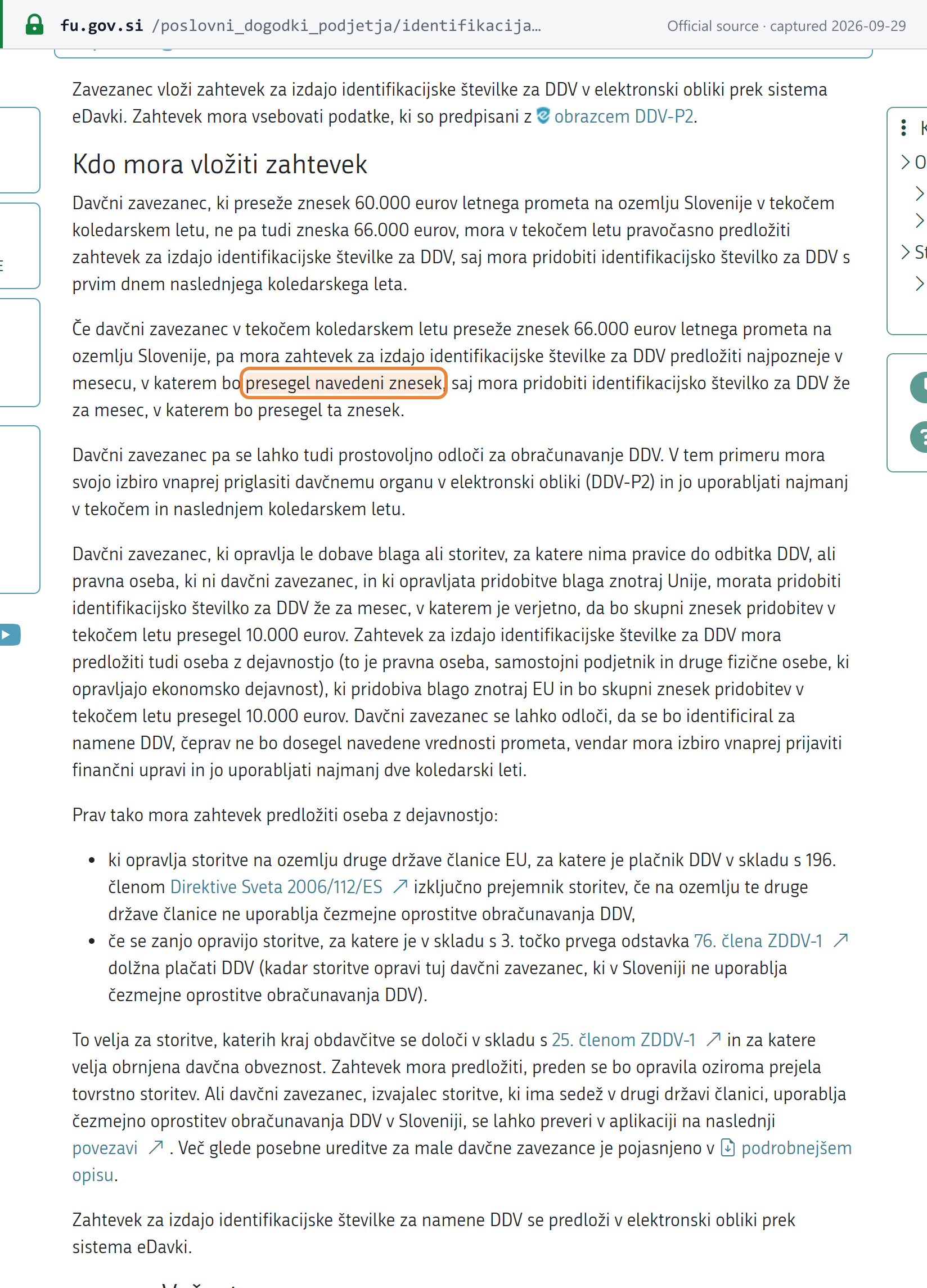 Source snapshot — FURS VAT registration page: above EUR 60,000 register from 1 January of the next year; above EUR 66,000 apply in the month the amount is exceeded; voluntary registration binds for two calendar years