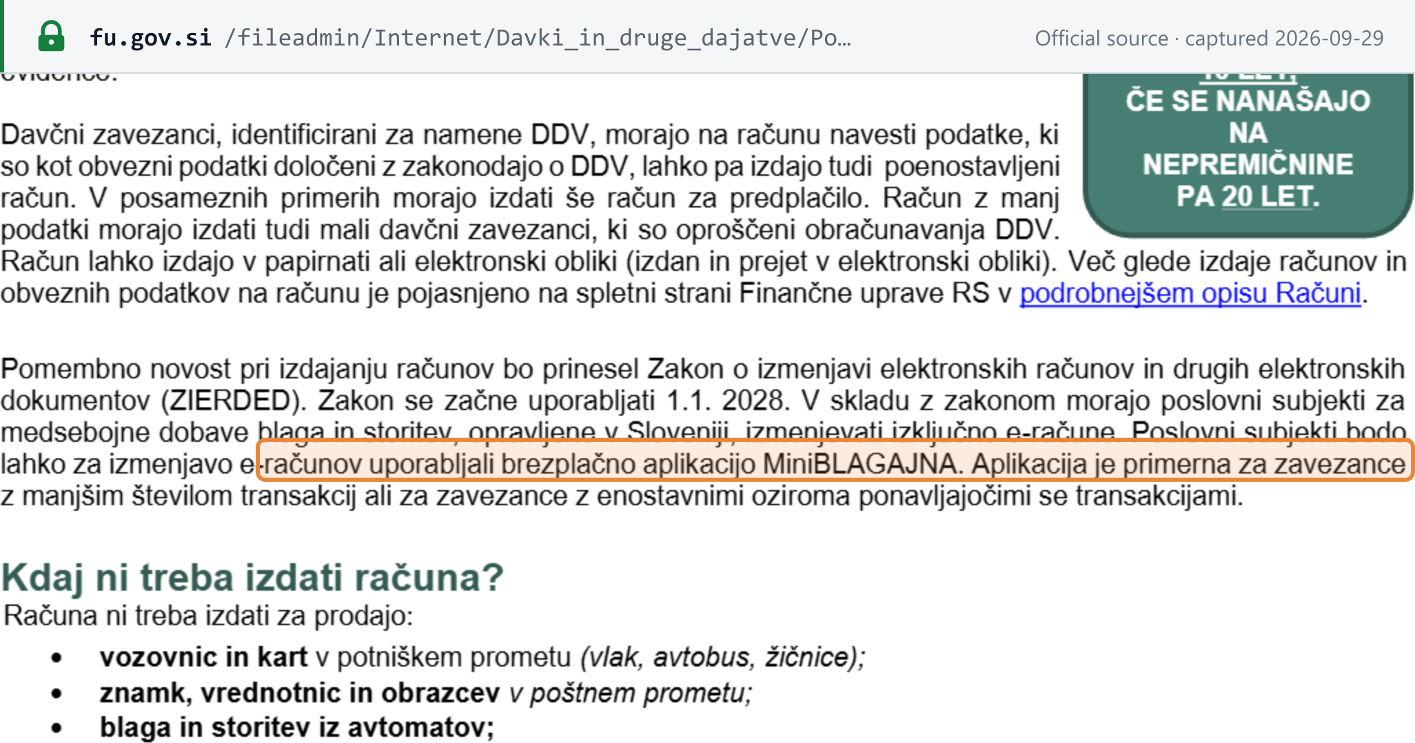 Source snapshot — FURS guide for new businesses: ZIERDED applies from 1 January 2028; business entities will be able to exchange e-invoices with the free MiniBLAGAJNA application, suited to taxpayers with few or simple, repetitive transactions