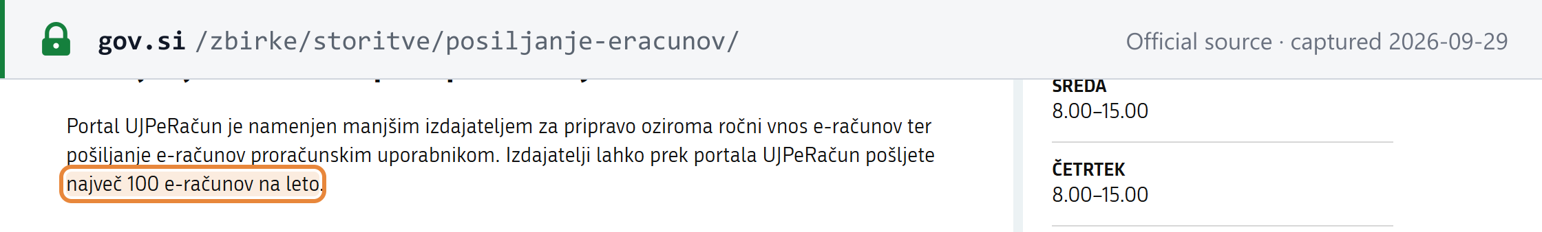 Source snapshot — UJP: issuers may send at most 100 e-invoices a year through the UJPeRačun portal