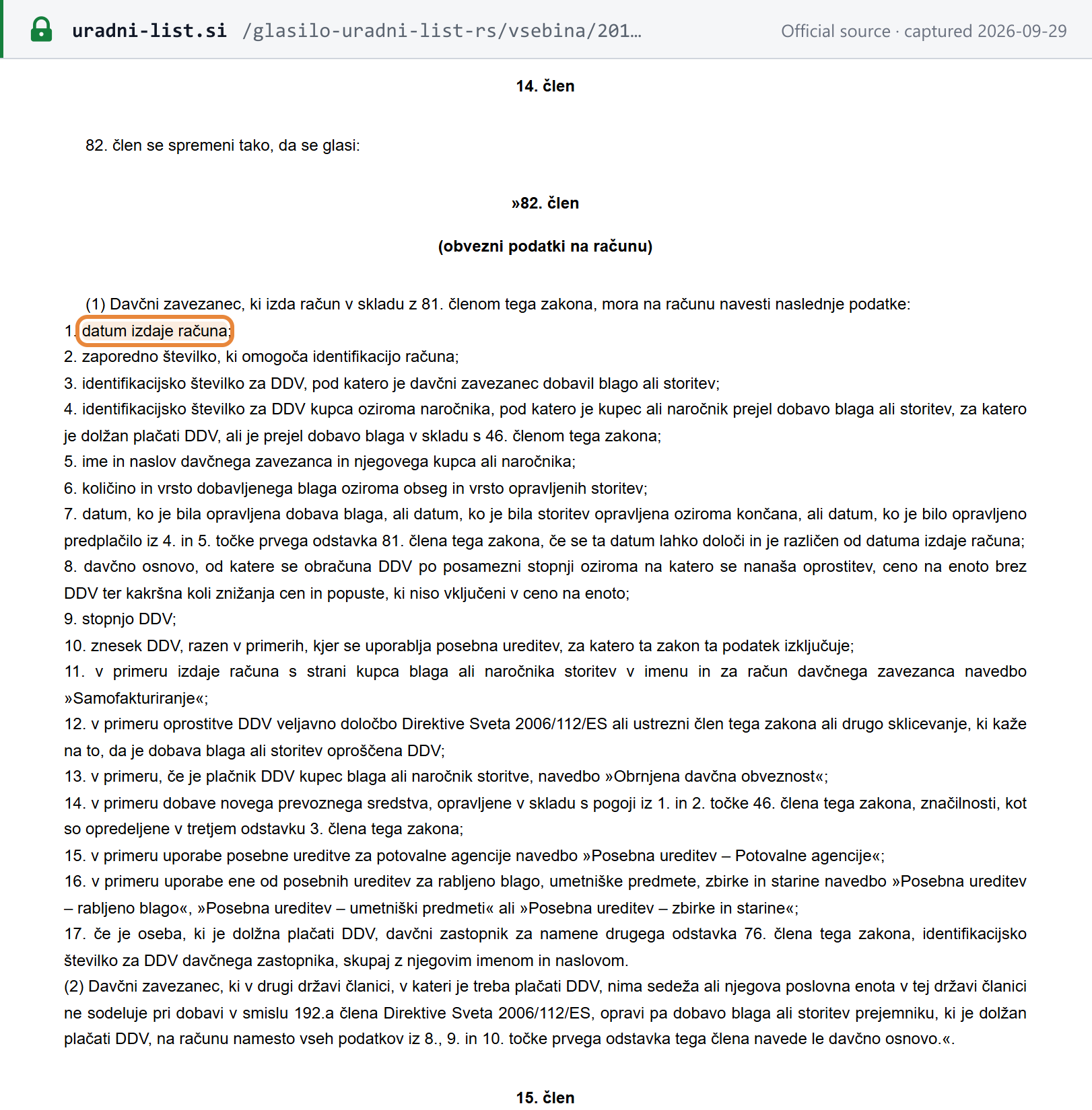 Source snapshot — ZDDV-1G Art. 14, the 2012 text of Art. 82 ZDDV-1: items 1–17 of the mandatory invoice particulars; item 18 was added by ZDDV-1O in 2024
