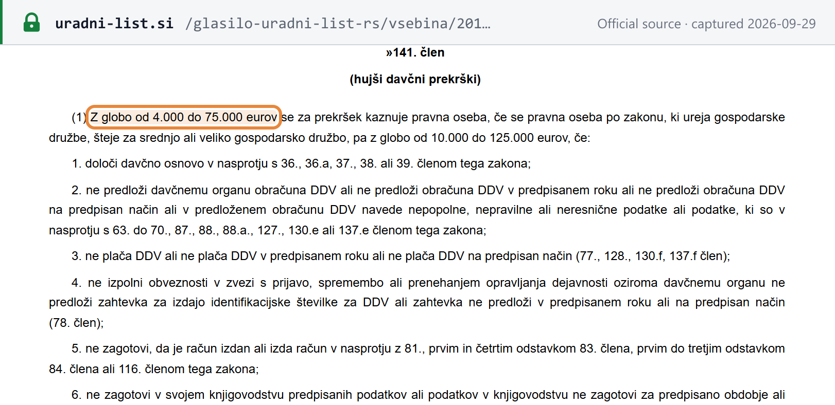 Source snapshot — ZDDV-1K, new Art. 141 ZDDV-1: serious tax offences, fine EUR 4,000–75,000 for a legal person (EUR 10,000–125,000 if medium or large), including late or missing returns and payments, failure to apply for a VAT ID and failure to issue an invoice