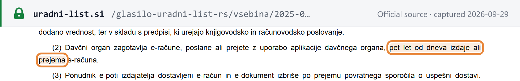 Source snapshot — ZIERDED Art. 18: every issuer and recipient except a consumer keeps e-invoices under the VAT and accounting rules; the tax authority provides e-invoices exchanged through its application for five years