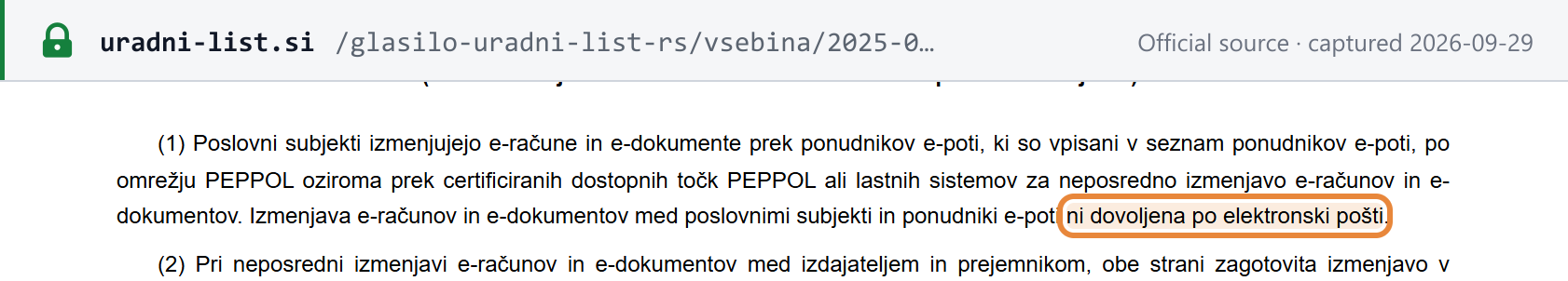 Source snapshot — ZIERDED Art. 9(1): business entities exchange e-invoices through listed e-route providers, the PEPPOL network or certified PEPPOL access points, or their own direct-exchange systems; exchange by e-mail is not permitted