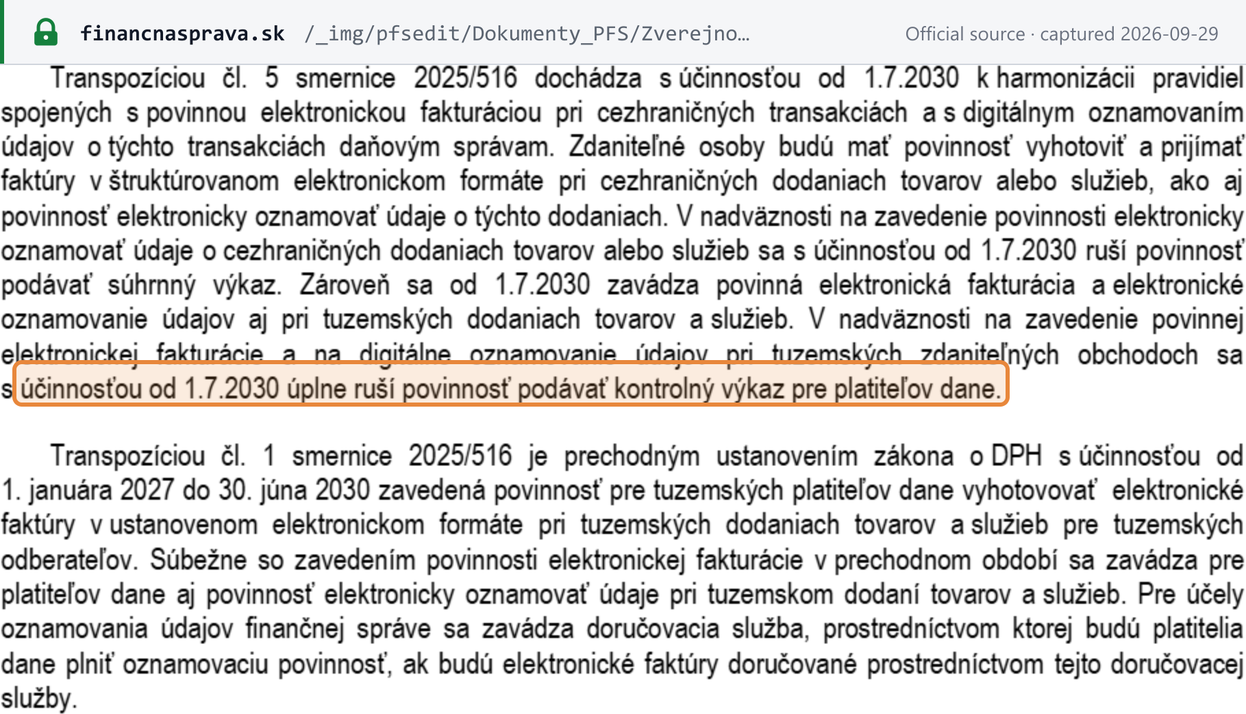 Source snapshot — FR SR information 1/DPH/2026/I: from 1 July 2030 the EC Sales List obligation ends and the obligation to file the control statement is abolished entirely for VAT payers