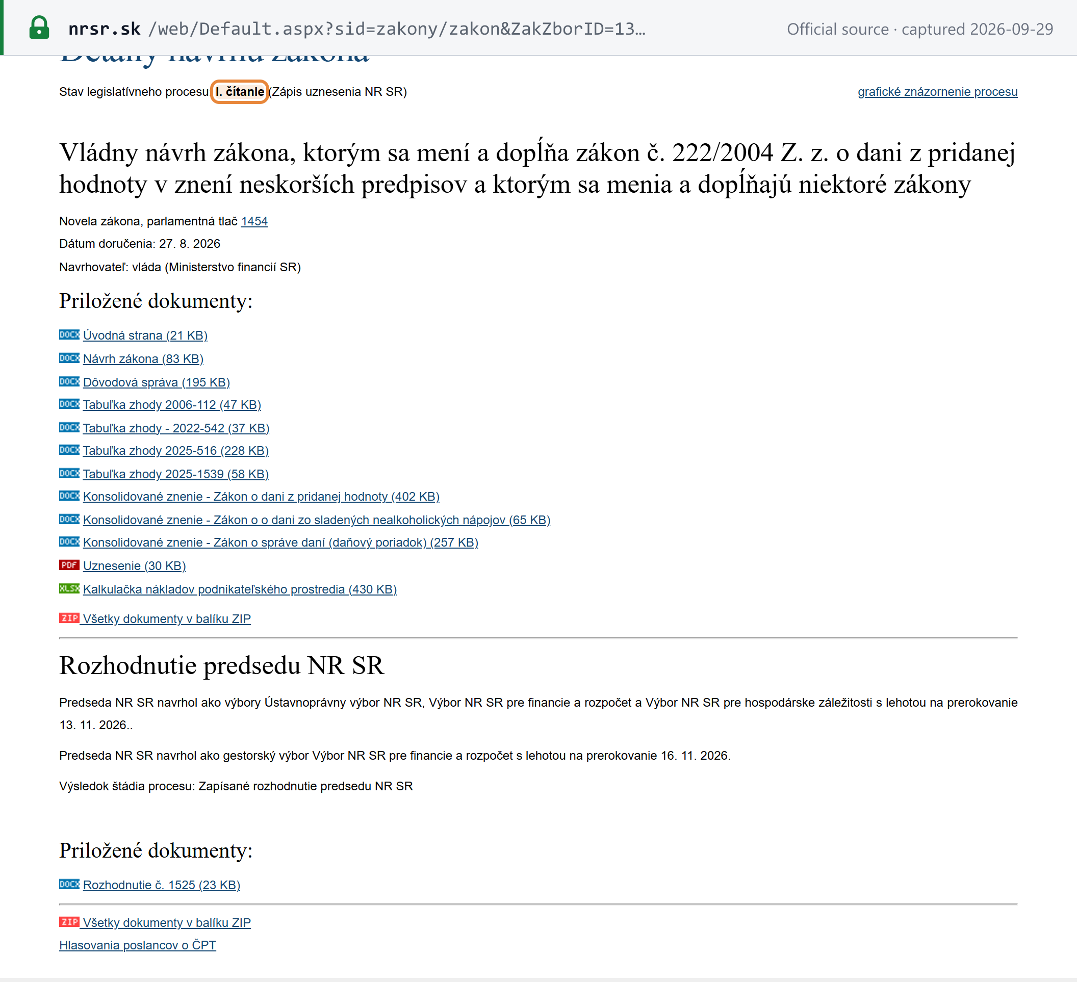 Source snapshot — NR SR, print 1454: government bill amending the VAT Act, delivered 27 August 2026, legislative status first reading