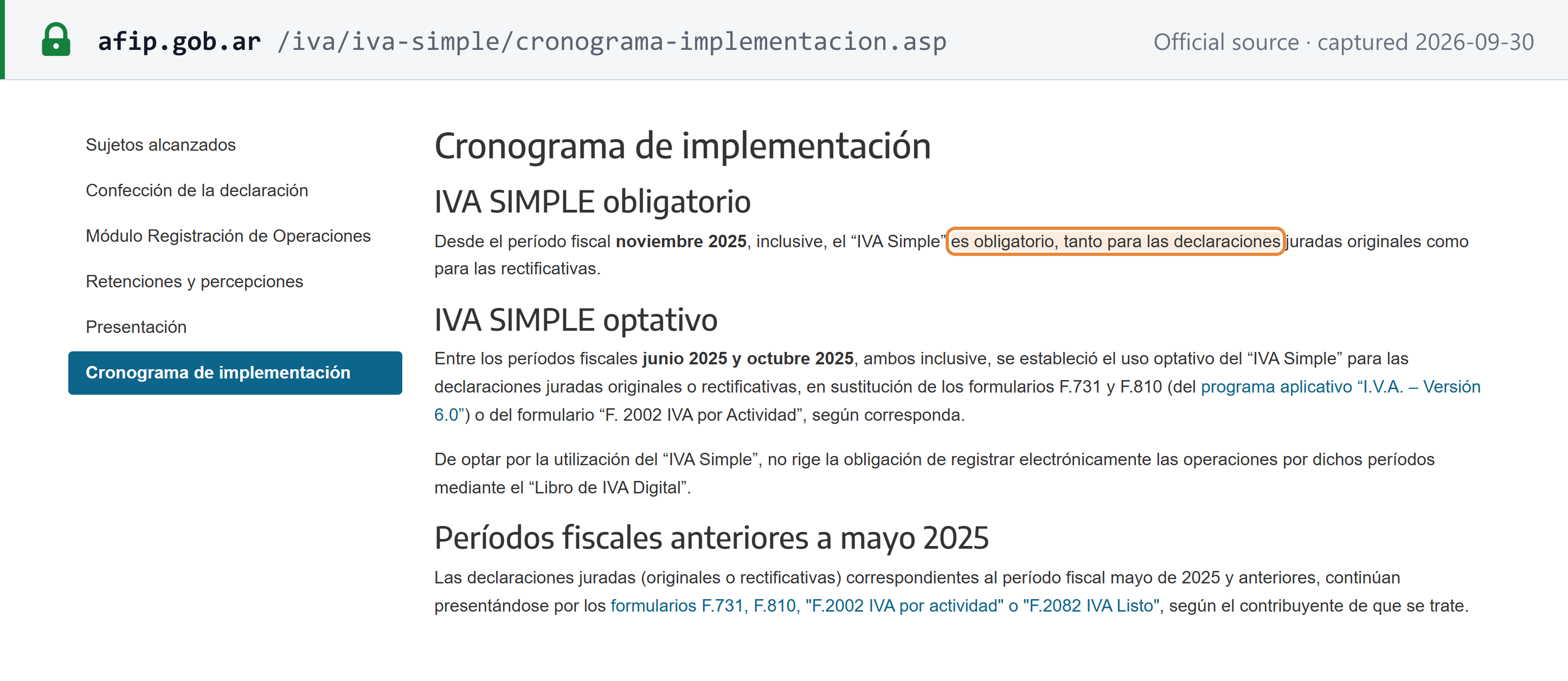 Source snapshot — ARCA, IVA Simple implementation schedule: IVA Simple is mandatory from the November 2025 fiscal period, for original and amended returns