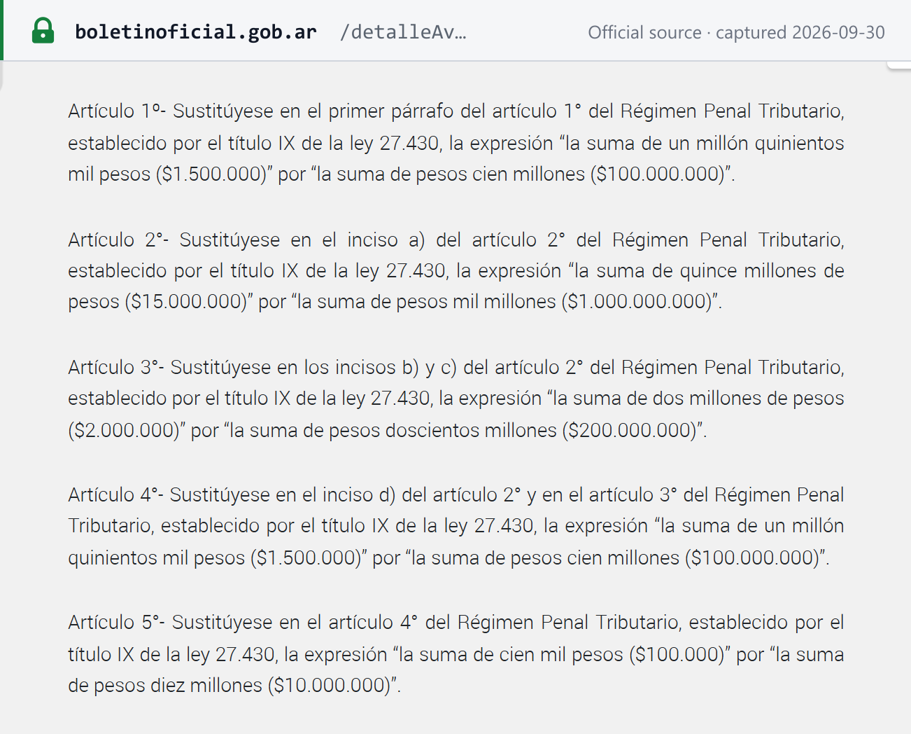 Source snapshot — Ley 27.799 arts. 1, 2 and 5: criminal thresholds raised to ARS 100,000,000 (simple evasion), ARS 1,000,000,000 (aggravated) and ARS 10,000,000 per month (misappropriation by agents)