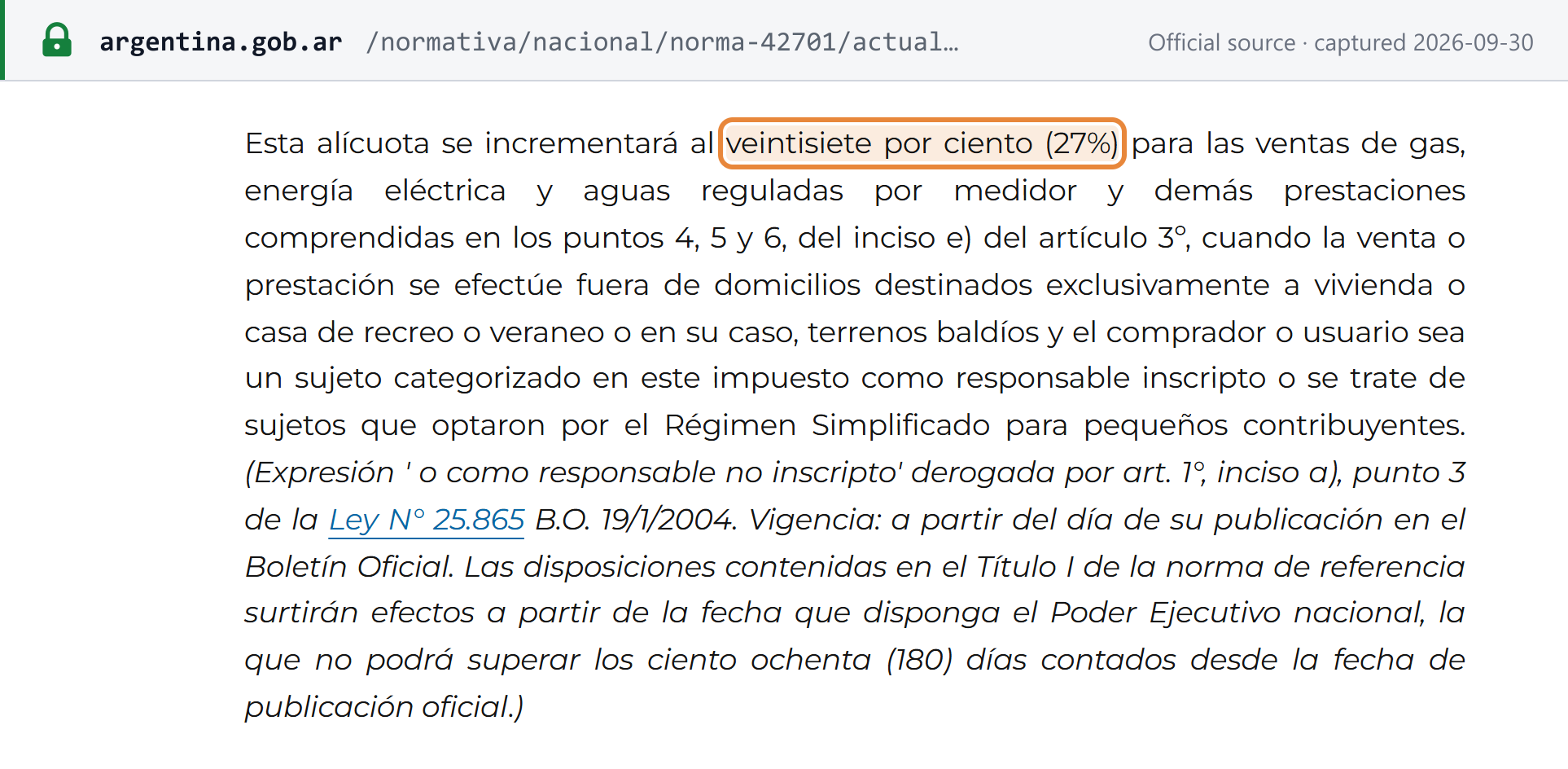 Source snapshot — Ley de IVA article 28, second paragraph, on Argentina.gob.ar: the rate rises to 27% for gas, electricity, metered water and the services in article 3 e) points 4, 5 and 6, supplied outside homes to buyers registered as responsables inscriptos or in the simplified regime