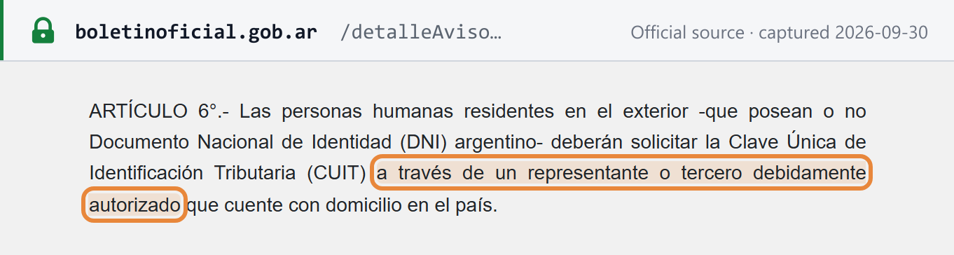Source snapshot — Boletín Oficial, RG 5803/2025 art. 6: individuals resident abroad, with or without an Argentine DNI, must request a CUIT through a duly authorised representative or third party with an address in Argentina
