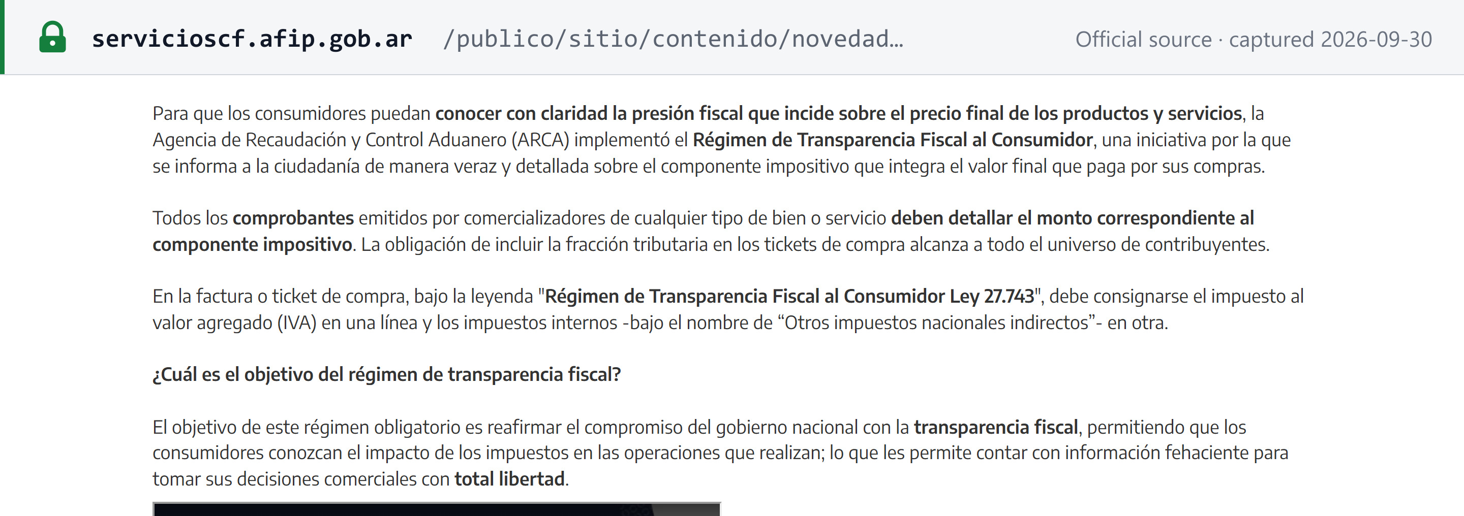 Source snapshot — ARCA news item on the Régimen de Transparencia Fiscal al Consumidor: under the legend "Régimen de Transparencia Fiscal al Consumidor Ley 27.743", the invoice or ticket shows IVA on one line and other national indirect taxes on another