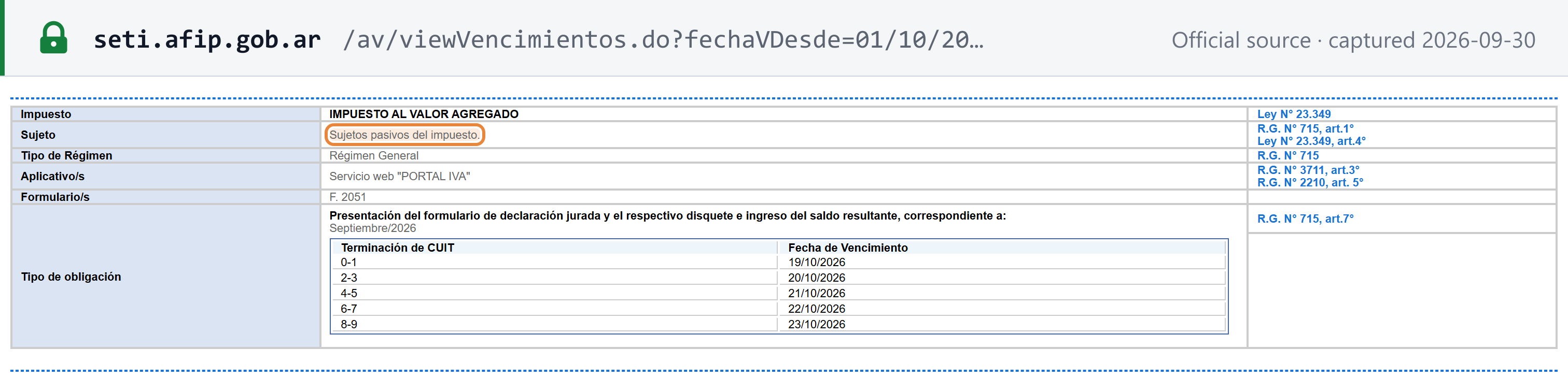Source snapshot — ARCA due-date agenda, October 2026: F. 2051 filing and payment for the September 2026 period, due 19 to 23 October 2026 by final digit of the CUIT