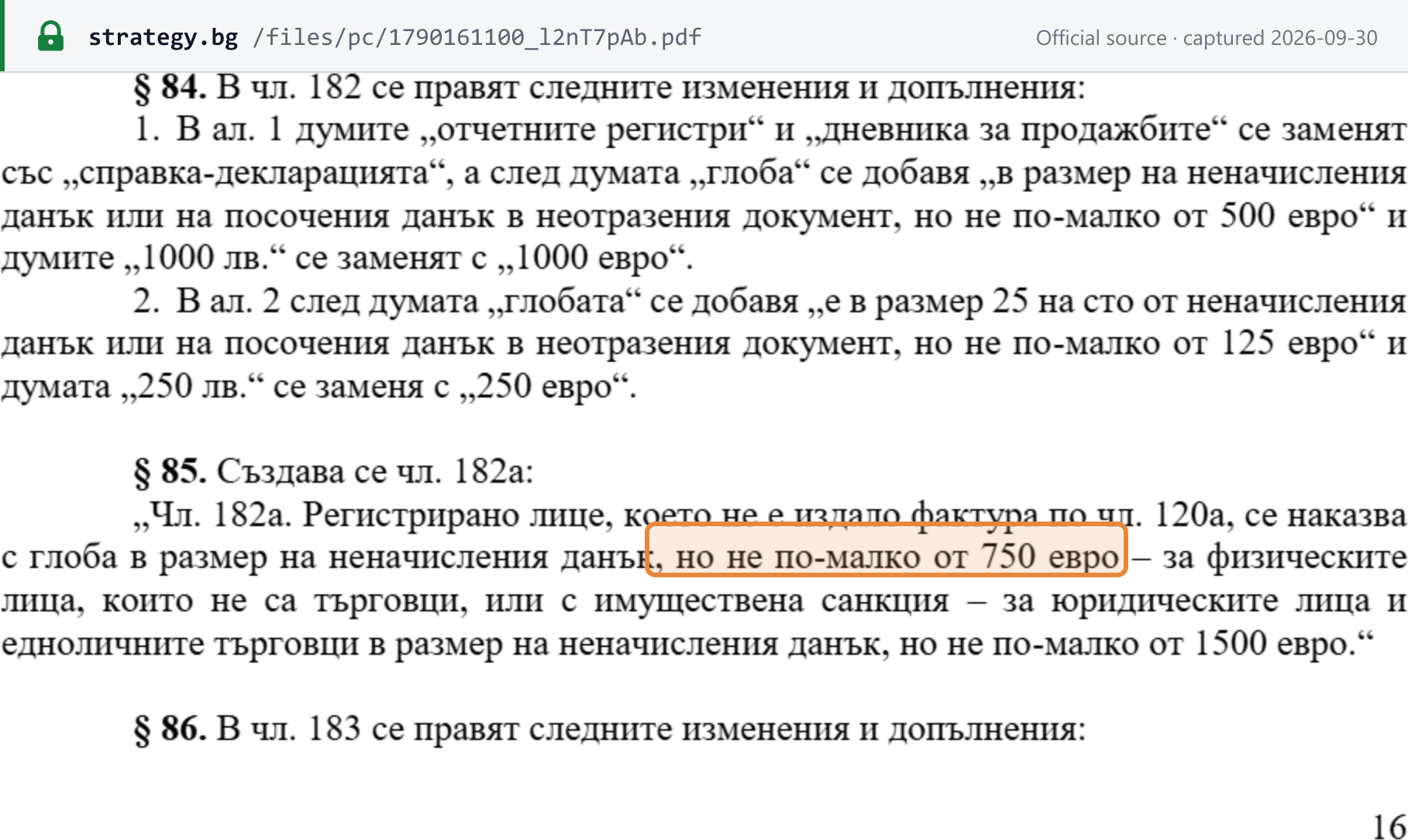 Source snapshot — Draft § 85, new art. 182a: a registered person that has not issued an art. 120a invoice is fined the uncharged tax, not less than EUR 750 for individuals or EUR 1,500 for legal persons and sole traders (proposed, not law)