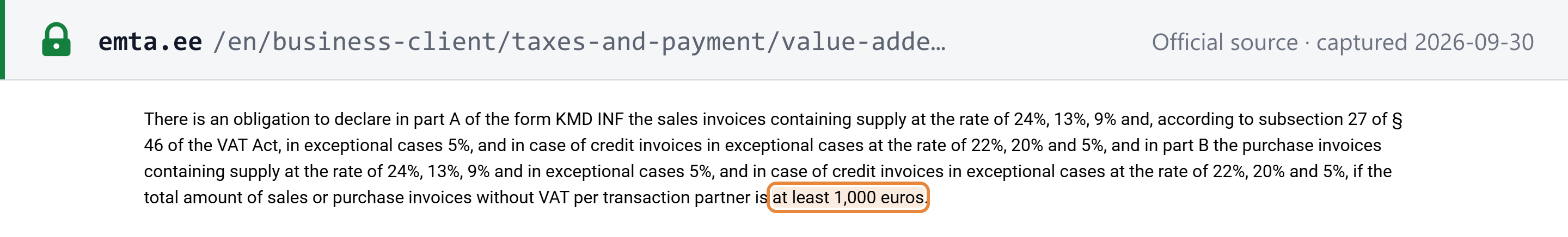 Source snapshot — Estonian Tax and Customs Board: KMD INF parts A and B list sales and purchase invoices at 24%, 13% and 9% if the total per transaction partner without VAT is at least 1,000 euros