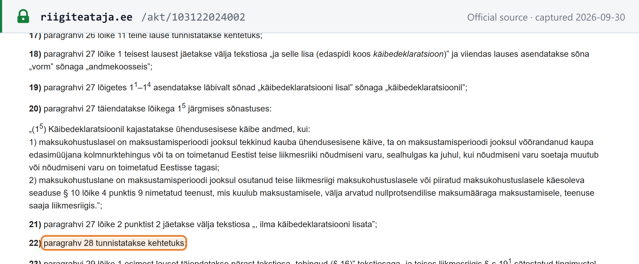Source snapshot — Riigi Teataja, RT I, 03.12.2024, 2, § 1 points 18–22: the annex is deleted from § 27(1) and "form" becomes "data set"; § 27(1¹)–(1⁴) now refer to the VAT return instead of its annex; new § 27(1⁵) puts intra-Community supply data on the VAT return; § 28 is repealed