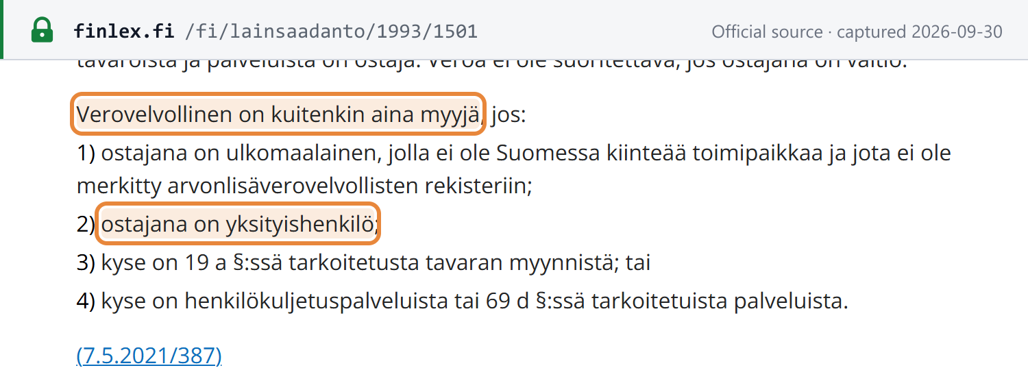 Source snapshot — Finnish VAT Act section 9: where a foreigner has no fixed establishment in Finland the buyer is liable, but the seller is always liable where the buyer is a private individual and in the other listed cases
