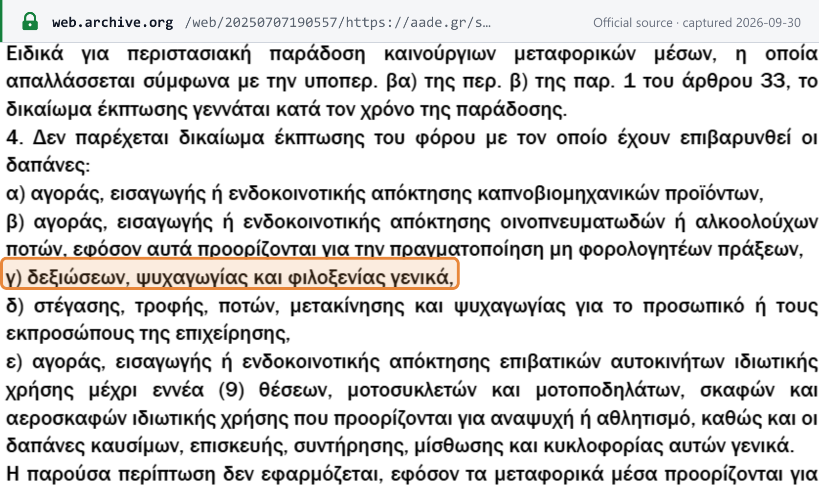 Source snapshot — Greek VAT Code art. 35(4), AADE consolidation to 31.12.2024: no right to deduct VAT on tobacco, alcohol for non-taxable use, receptions, entertainment and hospitality, staff accommodation and food, and private passenger cars up to nine seats and their running costs