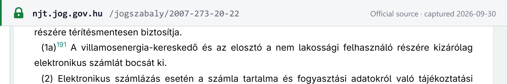 Source snapshot — Govt. Decree 273/2007 §21/B(1a): the electricity trader and the distributor issue only electronic invoices to non-household users