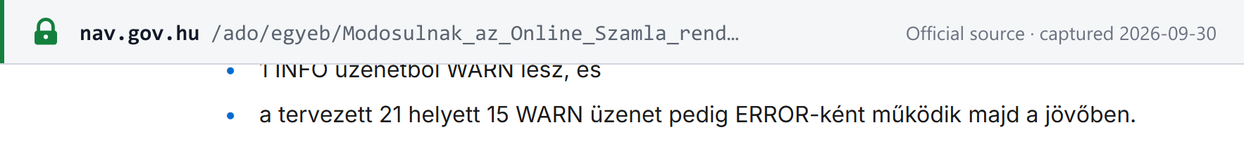 Source snapshot — NAV, 21 July 2025: instead of the planned 21, 15 WARN messages will operate as ERRORs