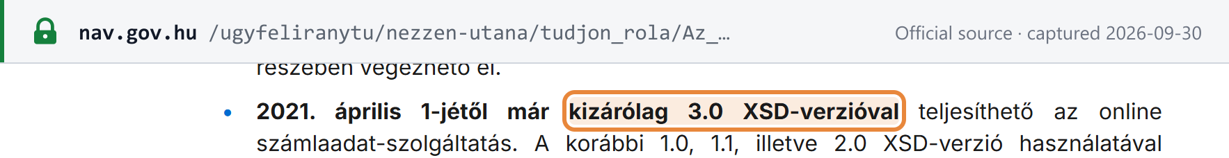 Source snapshot — NAV common-errors page: since 1 April 2021 invoice data can be reported only in XSD version 3.0