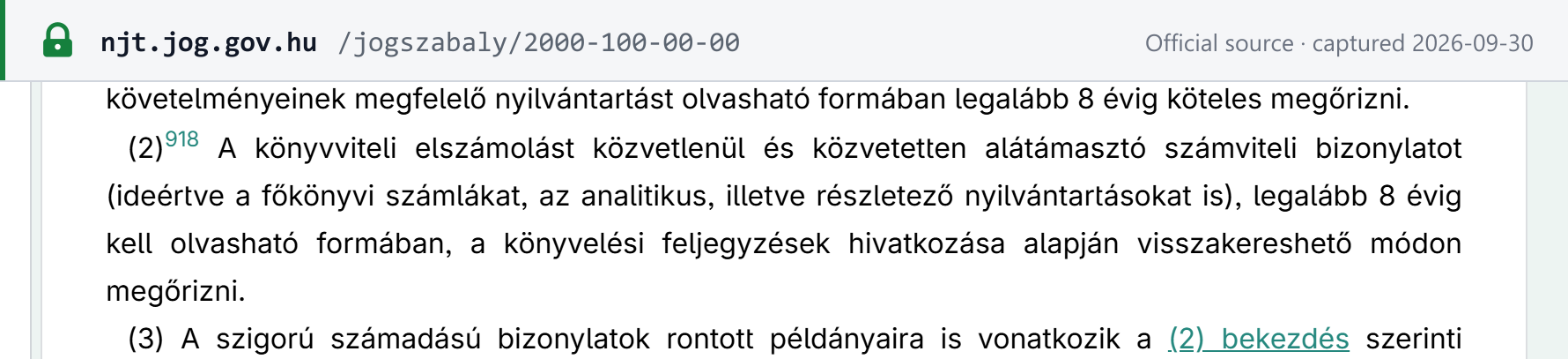 Source snapshot — Accounting Act §169(2): accounting documents supporting the books must be kept legibly and retrievably for at least 8 years