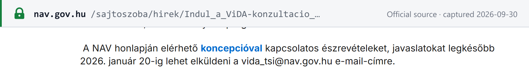 Source snapshot — NAV, 21 November 2025: comments and proposals on the concept available on NAV's website may be sent until 20 January 2026 to vida_tsi@nav.gov.hu