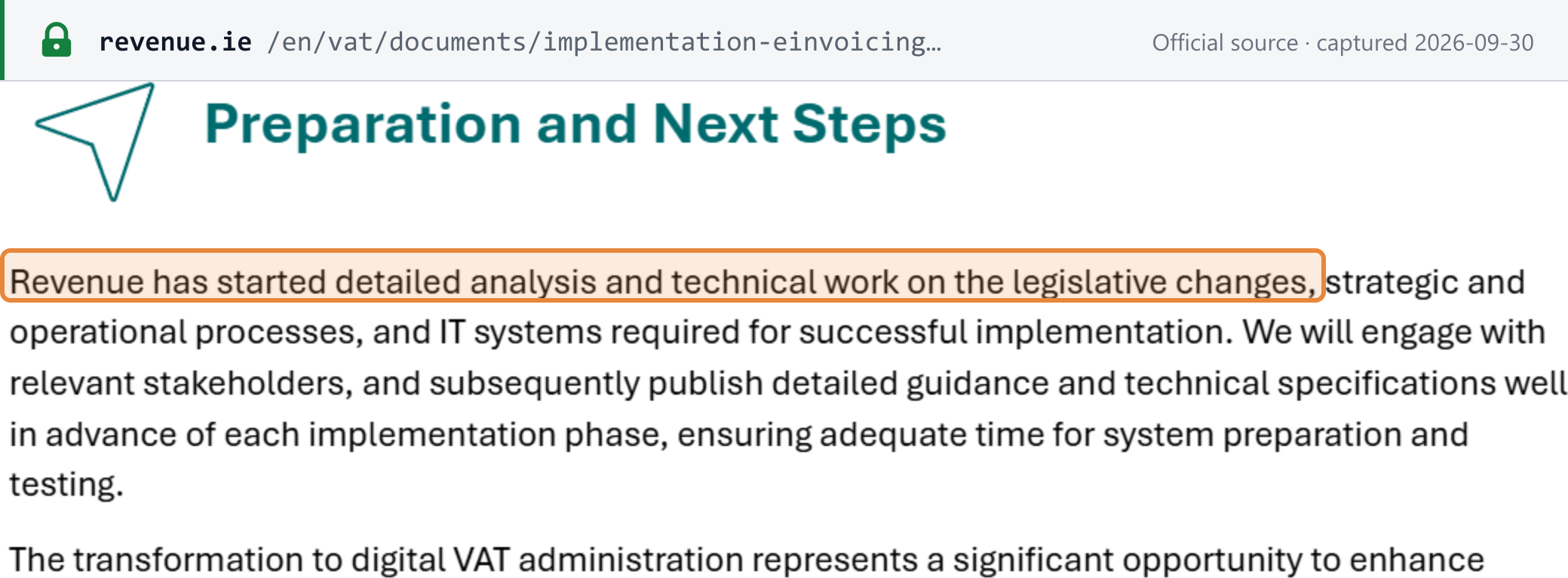 Source snapshot — Revenue, Implementation of eInvoicing in Ireland (8 October 2025), Preparation and Next Steps: Revenue has started detailed analysis and technical work on the legislative changes