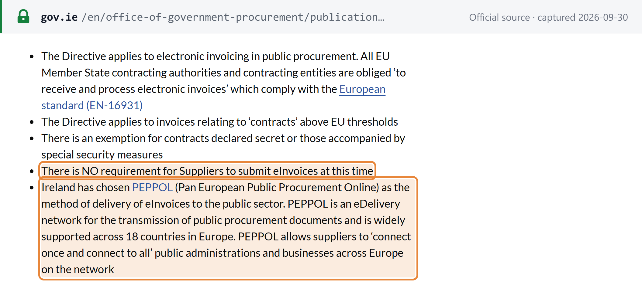 Source snapshot — OGP, Public bodies and eInvoicing: there is NO requirement for suppliers to submit eInvoices at this time, and Ireland has chosen PEPPOL as the method of delivery of eInvoices to the public sector