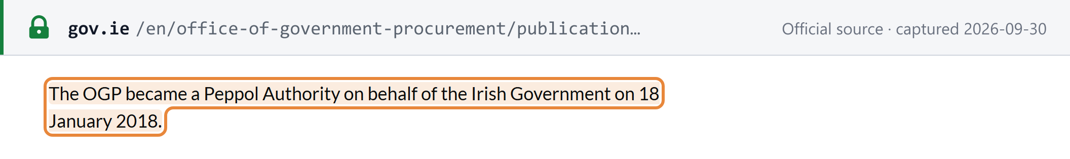 Source snapshot — OGP, Irish Peppol Authority: the OGP became a Peppol Authority on behalf of the Irish Government on 18 January 2018