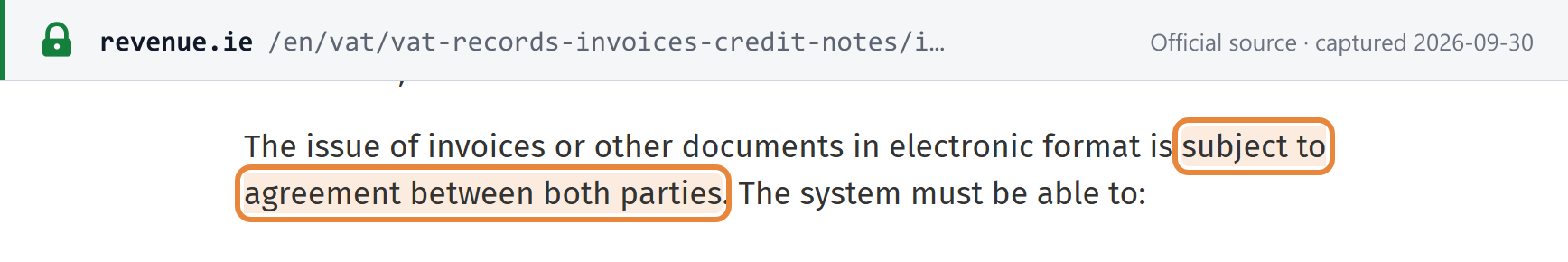 Source snapshot — Revenue, Other types of VAT invoices: the issue of invoices or other documents in electronic format is subject to agreement between both parties