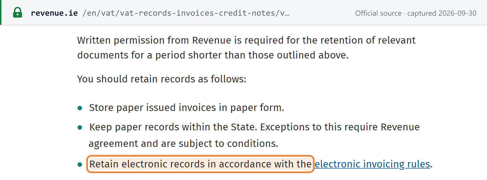 Source snapshot — Revenue, How long do you keep records for: written permission is needed for shorter retention; store paper issued invoices in paper form; keep paper records within the State; retain electronic records in accordance with the electronic invoicing rules