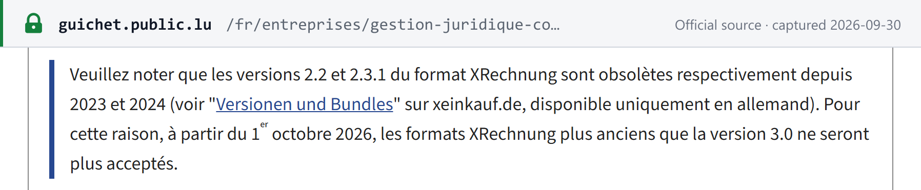 Source snapshot — Guichet.lu: from 1 October 2026, XRechnung formats older than version 3.0 are no longer accepted