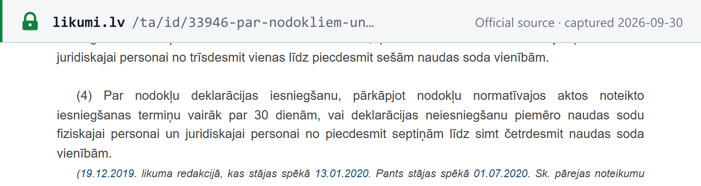 Source snapshot — law On Taxes and Fees section 141(4): filing a tax return more than 30 days late, or not filing it, is fined 57 to 140 fine units for a natural or legal person