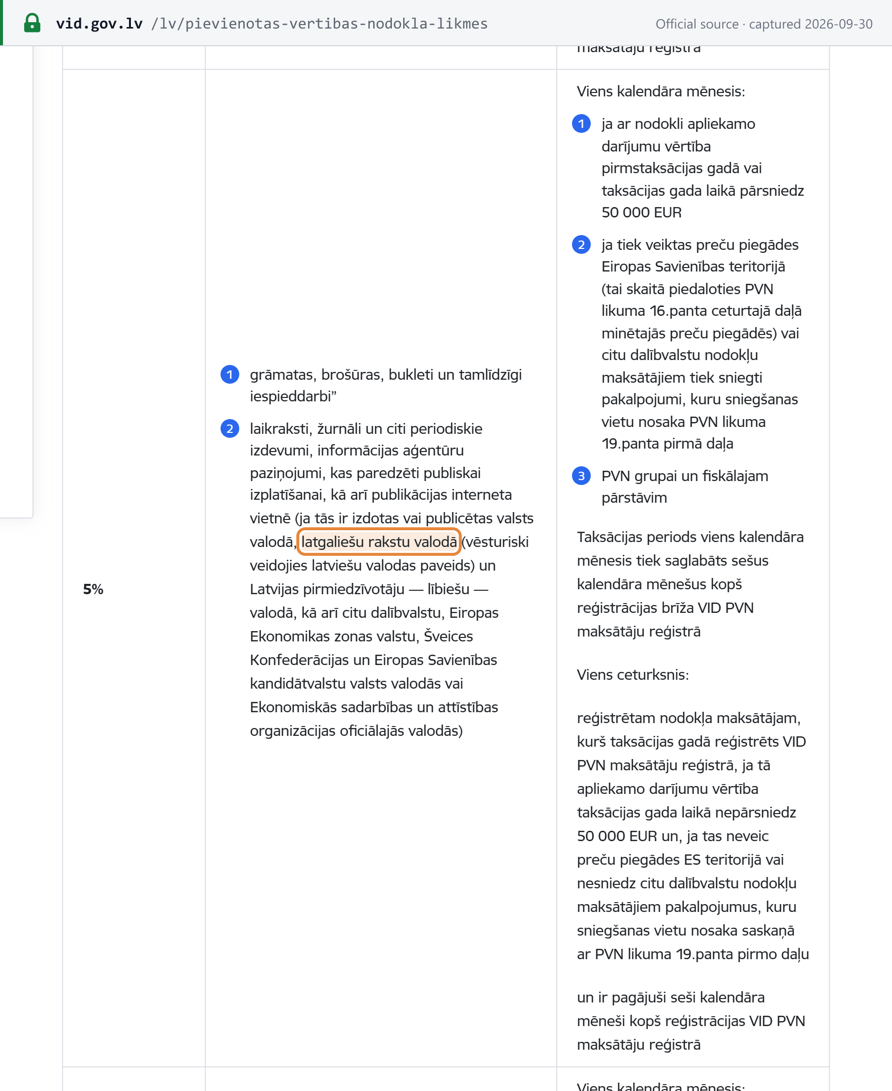 Source snapshot — VID VAT rate table, 5% row: the language condition is shown against item 2, newspapers, magazines and other periodicals