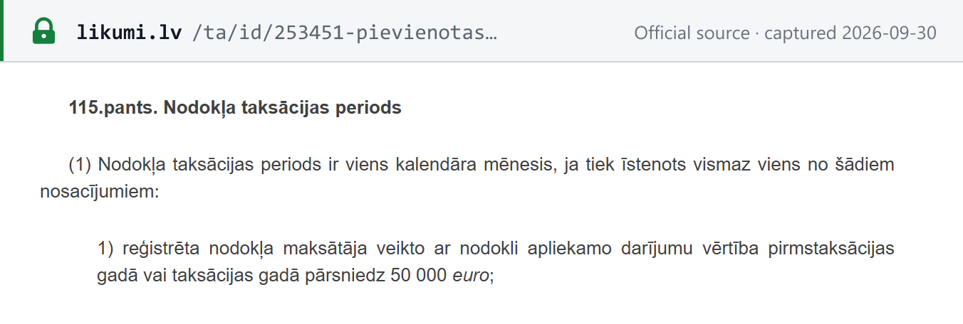 Source snapshot — PVN likums section 115(1): the tax period is one calendar month where the registered person's taxable transactions in the previous or current taxable year exceed EUR 50,000