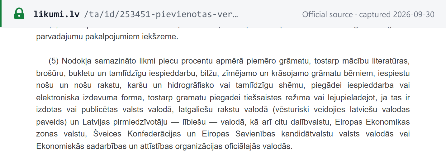 Source snapshot — PVN likums section 42(5): the 5% rate applies to books, in print or electronic form, if they are published in Latvian, Latgalian or Livonian, or in the listed EU, EEA, Swiss, EU-candidate and OECD languages