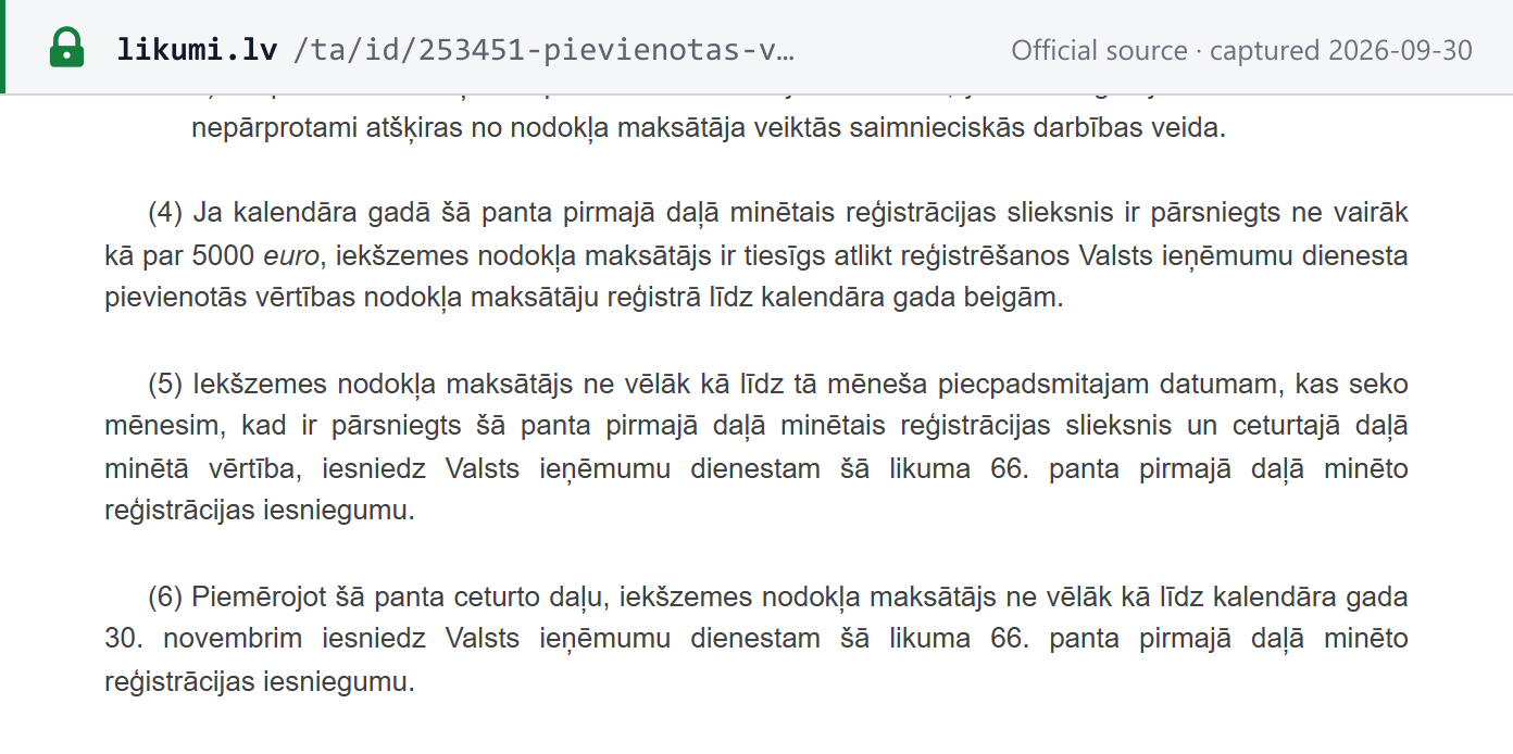 Source snapshot — PVN likums section 59(4) and (6): where the threshold is exceeded by no more than EUR 5,000, registration may be deferred to the end of the calendar year, with the application submitted by 30 November