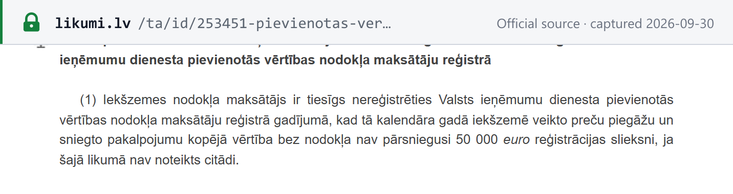 Source snapshot — PVN likums section 59(1): a domestic taxable person may stay unregistered while its calendar-year domestic supplies excluding VAT do not exceed the EUR 50,000 registration threshold
