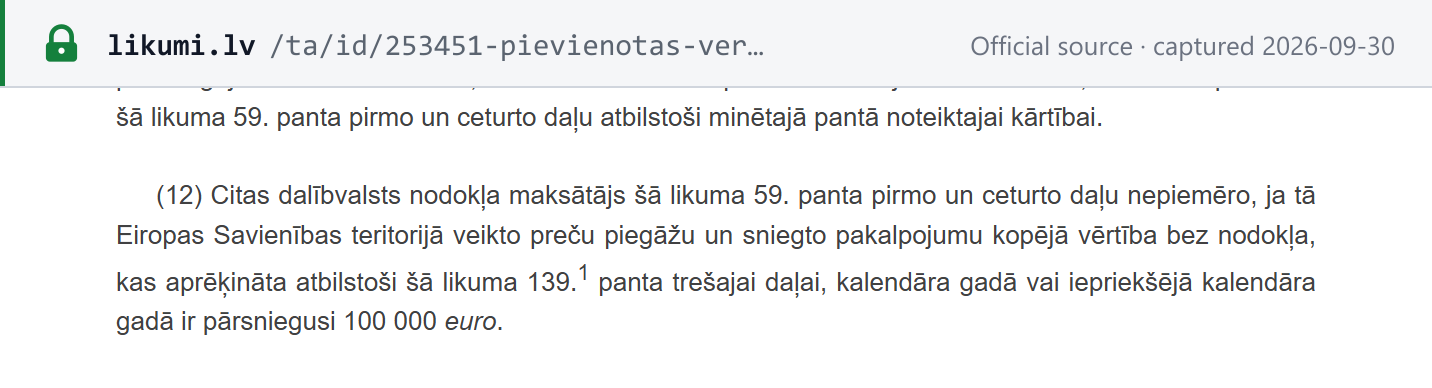 Source snapshot — PVN likums section 61(12): a taxable person of another member state cannot apply section 59(1) and (4) if its EU-wide supplies excluding VAT exceeded EUR 100,000 in the calendar year or the previous calendar year