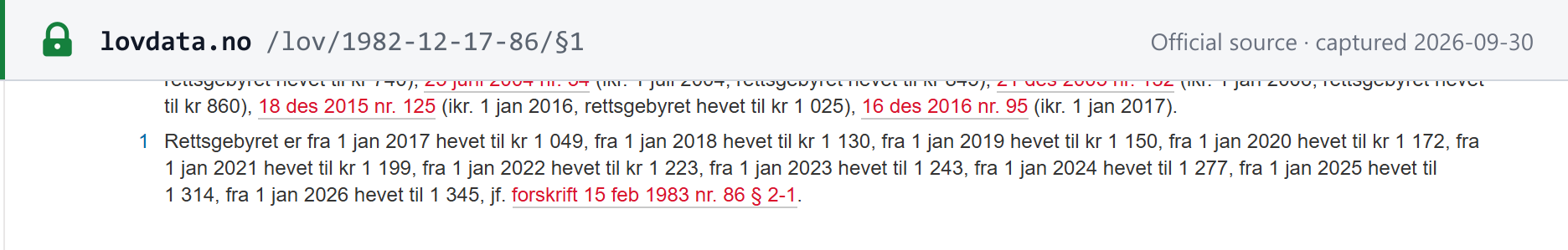 Source snapshot — Court Fees Act (rettsgebyrloven) section 1: the court fee is NOK 1,345 from 1 January 2026