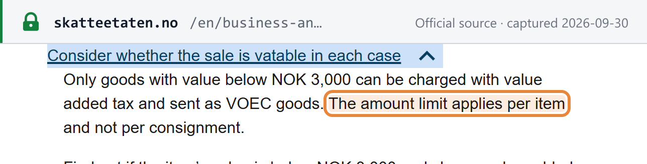 Source snapshot — Skatteetaten VOEC guidance: only goods valued below NOK 3,000 can be sent as VOEC goods, and the limit applies per item, not per consignment