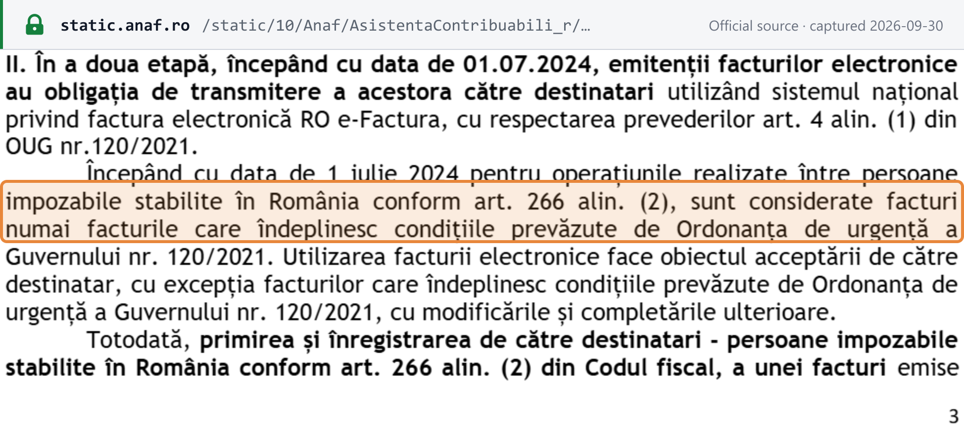 Source snapshot — ANAF RO e-Factura guide: from 1 July 2024, for operations between taxable persons established in Romania, only invoices meeting OUG 120/2021 are considered invoices