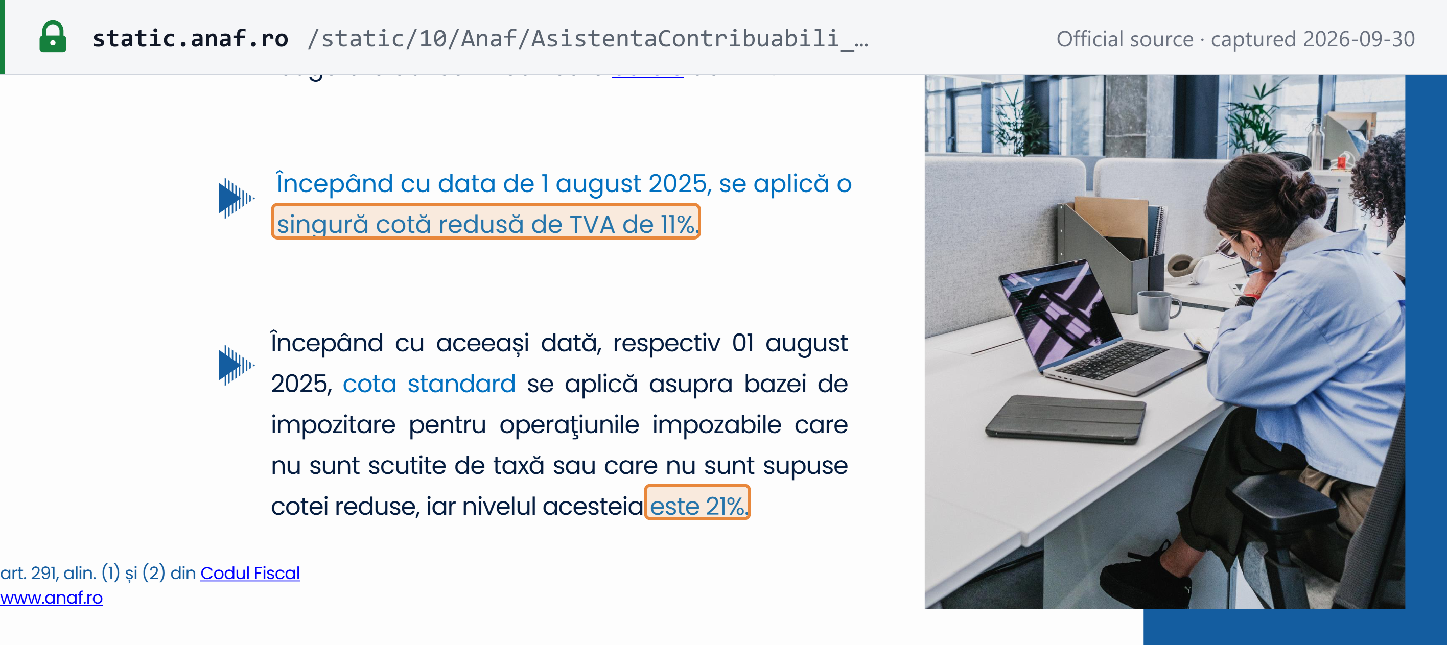 Source snapshot — ANAF VAT rates brochure: from 1 August 2025 a single reduced VAT rate of 11% applies, and the standard rate is 21% (Fiscal Code art. 291(1)–(2))