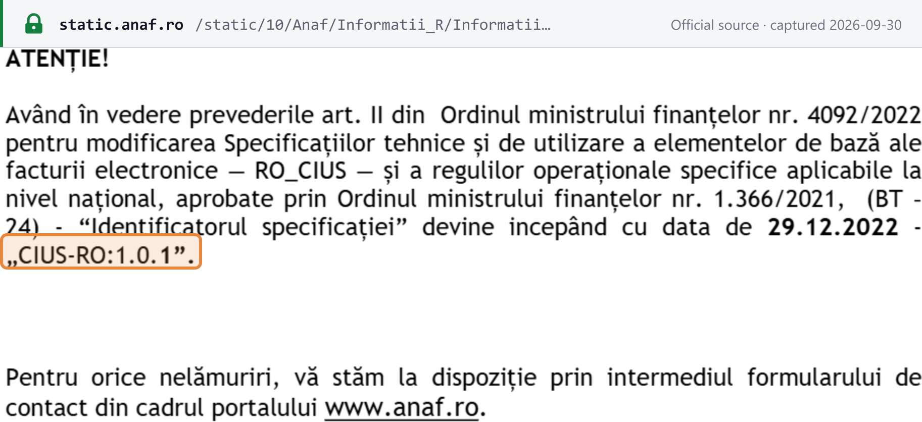 Source snapshot — From 29.12.2022 the BT-24 specification identifier is CIUS-RO:1.0.1 (OMF 4092/2022), replacing RO_CIUS:1.0.0.2021
