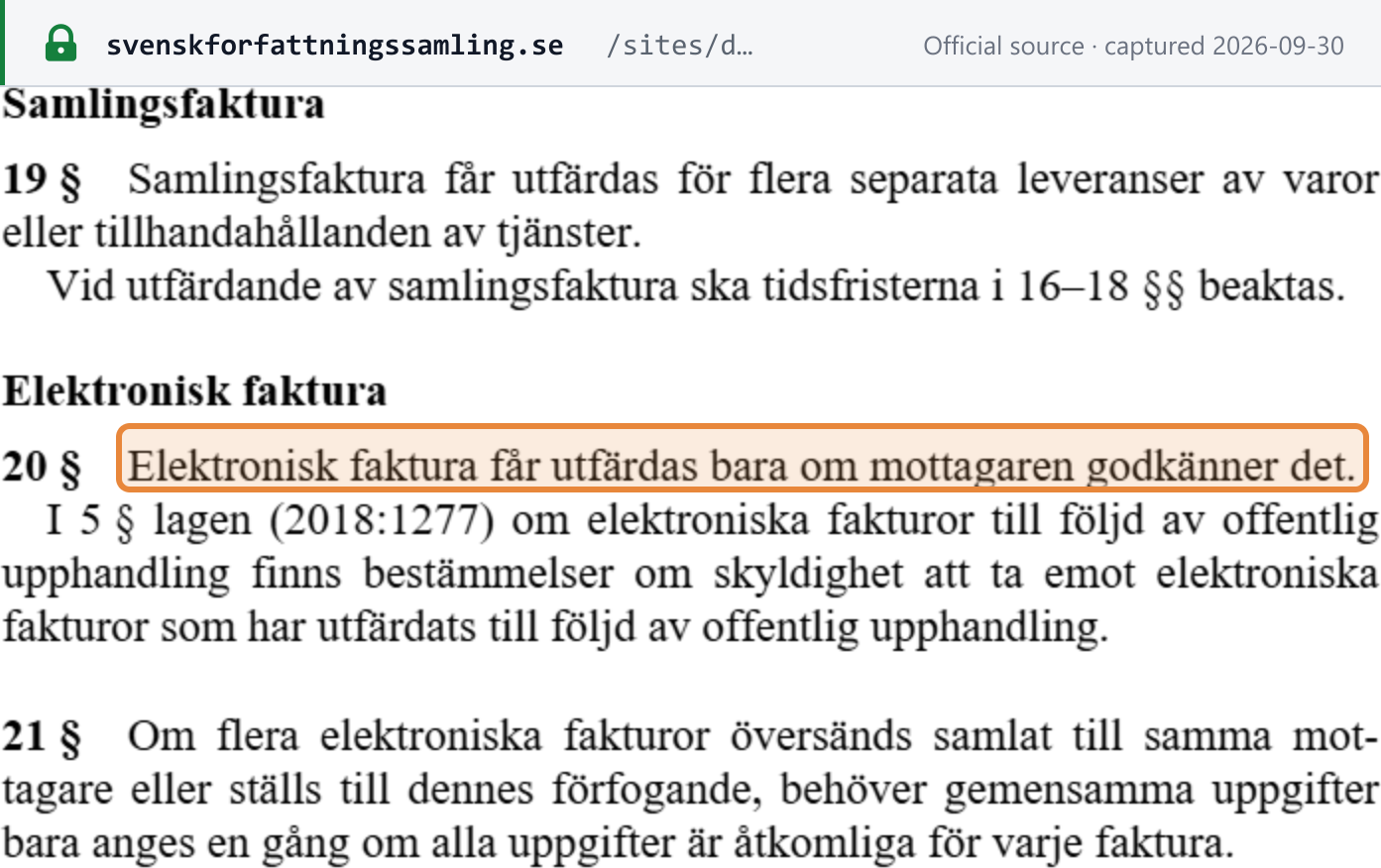 Source snapshot — ML (2023:200) as published in SFS 2023:200, 17 kap., heading Elektronisk faktura, 20 §: an electronic invoice may be issued only if the recipient accepts it