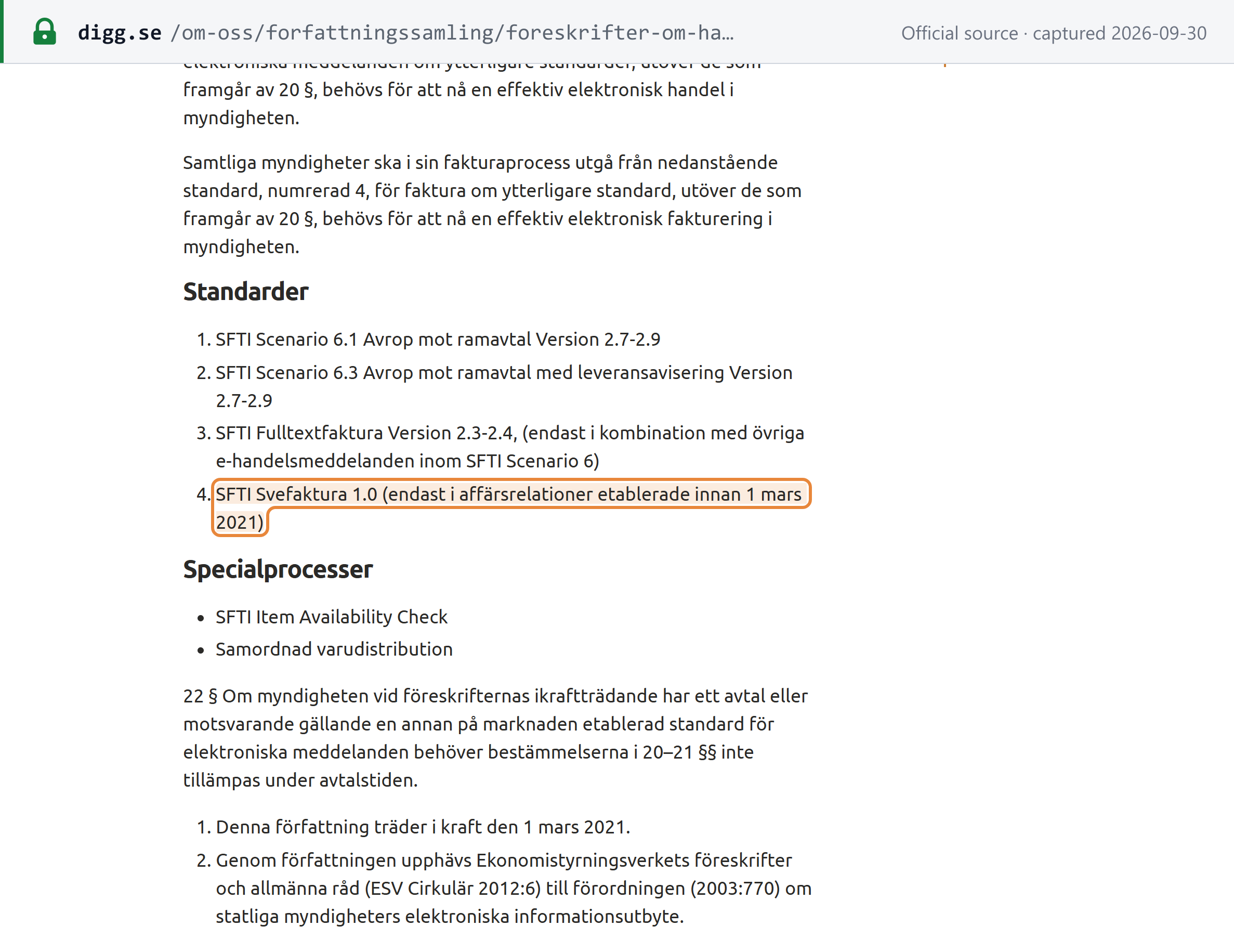 Source snapshot — MDFFS 2021:1, the Standarder list: item 4, SFTI Svefaktura 1.0, only in business relationships established before 1 March 2021; 22 § and the provision that the regulation enters into force on 1 March 2021