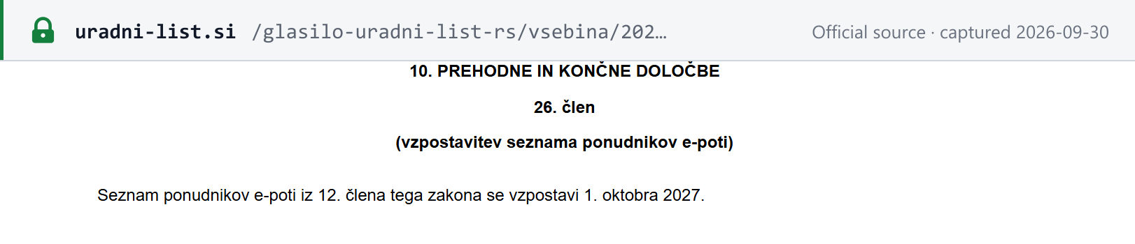 Source snapshot — ZIERDED Art. 26: the list of e-route providers under Art. 12 is established on 1 October 2027