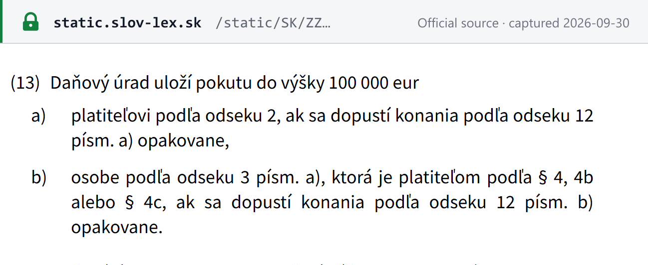 Source snapshot — VAT Act §85o(13), version from 1 January 2027: a fine of up to EUR 100,000 where the supplier or the VAT-payer recipient repeats a §85o(12) reporting breach