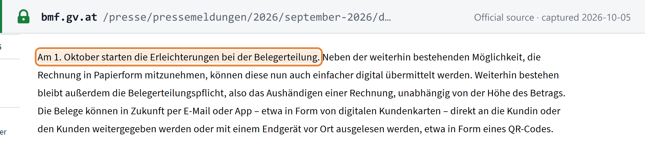 Source snapshot — BMF press release: the receipt relief starts on 1 October; receipts can be passed to the customer by e-mail or app or read on site, for example as a QR code